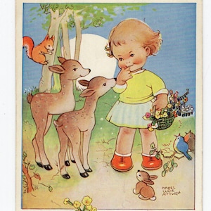 Cartão postal vintage de Mabel Lucie Attwell - menina e o mundo natural, Deus é bom, religioso, bambi, veado, flora e fauna, assinado pelo artista