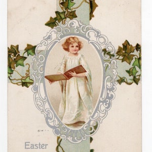 Antico coro ragazza cartolina di Pasqua, dolce cherubino angelo bambino, biglietto di auguri religioso vintage, inni della Chiesa, tempo di Pasqua, Pace sulla Terra