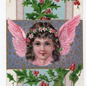 Carte postale antique d’ange de Noël, ailes de plumes roses, vignette, branches de houx, fleur cultivée, joli ange aux cheveux bruns, carte de vœux