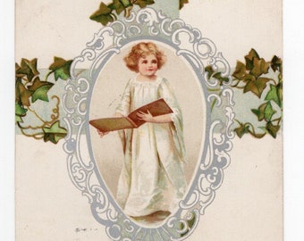 Antique choir girl Easter postcard, sweet cherub angel child, vintage religious greetings card, Church hymns, Easter time, Peace on Earth