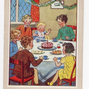 Antike Vintage Baby Geburtstagskarte - 1.Geburtstag, Kindergeburtstag, Cradle Roll, Familienfeier, Liebling, Midcentury, 1940er Jahre