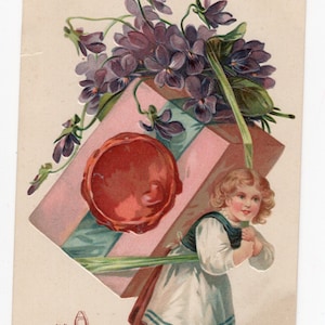 Antique fantasy Christmas postcard - little flower seller, giant perfume chocolate box, gift, prosperity, New Year, embossed violets