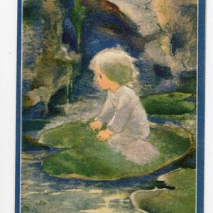 Carte postale vintage antique d'art de bébé d'eau - imprimée en Suisse, éthérée, art folklorique, petit enfant blond, nénuphar, fée