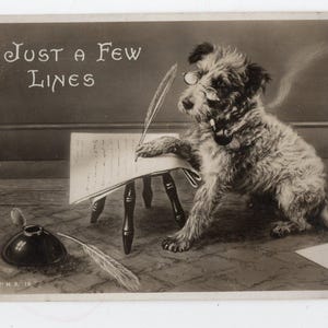 Postal antigua de RP de perro antropomorfo: perro terrier con ropa, amigo por correspondencia, escribiendo una carta, pluma, antiguo, fumador de pipa
