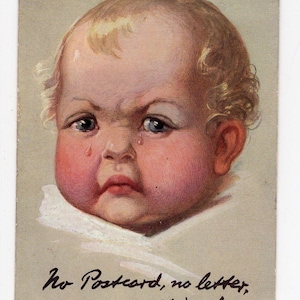 Antique baby face picture postcard - grumpy baby, teething, crying, greetings postcard, children art, blue eyes baby, bonnie baby