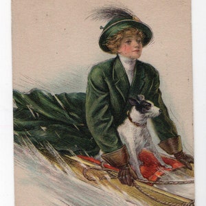 Vintage Frau und Hund glamour Postkarte - Lester Ralph Künstler signiert, Schlitten, Winterurlaub, Art Deco, Terrier, Past Companions