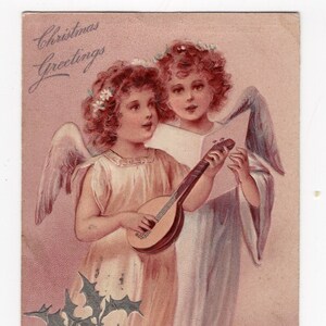 Carte postale ancienne d'anges de Noël, rose poudré, carte de Noël édouardienne, jolis anges, luth, musiciens, carte postale religieuse shabby chic