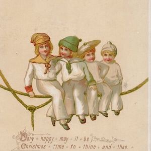 Antigua tarjeta de Navidad de fantasía victoriana, niños pequeños con trajes de marinero, hadas, mini marineros, naval, tripulación tarjeta de Navidad, Raphael Tuck