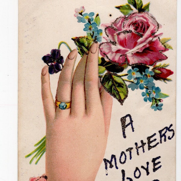 Ancienne carte postale de voeux pour la fête des mères, cadeau pour maman, maman, maman, paillettes, roses, fleurs, thème mains, édouardien, jolie, chérie