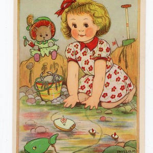 Postal artística vintage de Phyllis M Purser: niña en la playa, pescando, vacaciones en la playa, juguetes, infancia, pesca de cangrejos, década de 1950