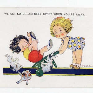 Carte postale ancienne Lapins Agnes Richardson - petites filles, fantaisie, brouette, charrette signée par l'artiste