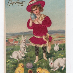 Ancienne carte postale de voeux de Pâques en applique - tissu en velours, en relief, petite fille en rose, lapins, poussins, fabriqué en Allemagne, vintage