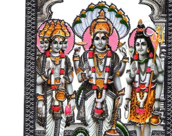 Vintage zilveren reliëf hindoe foto, miniatuur Indiase goden, hindoe goden, kitsch, Vishnu, Brahma, Shiva, spiritualiteit, religieuze