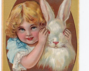 Antique fantasy Easter postcard - little girl and giant white rabbit, Easter bunny, peek a boo, Easter greetings card, 1900s, blond child
