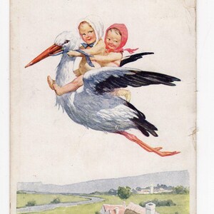 Postal antigua de arte de cigüeña de K Feiertag: niños pequeños montados en una cigüeña, recién nacido, firmada por el artista, niño, niña, rosa, azul, fantasía