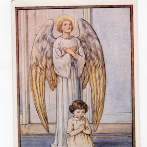 Carte d'anniversaire religieuse ancienne, 4 ans, Cicely Mary Barker, petit enfant en prière et ange gardien, carte de baptême, Union des mères