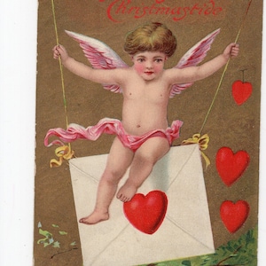Antico cherubino e lettera d'amore cartolina di Natale, cartolina di Natale vintage, cuori d'amore, cartolina di Natale dorata, angelo alato, lettera d'amore, vittoriana