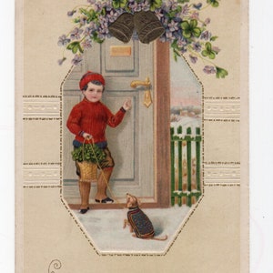 Antike geprägte Winsch Weihnachtspostkarte - kleiner Junge und Hund, Hund, der einen Mantel trägt, süßer Welpe, glückliches neues Jahr, Winterferien, USA