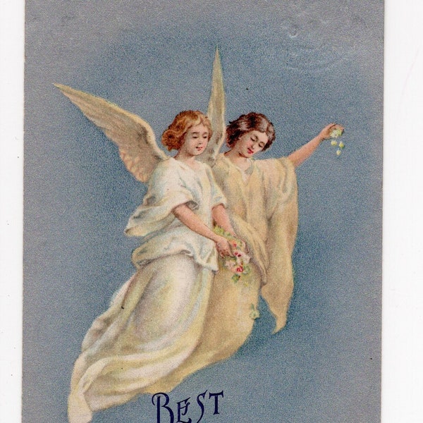Antiques angels Easter postcard, vintage Easter card, pretty girls, winged angels, Edwardian picture postcard, silver frosted, Wildt & Kray
