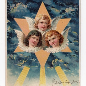 Carte postale antique d’anges de Noël - carte en relief, étoile d’or, rayon de soleil, image religieuse céleste, céleste, rayon de soleil, enfants de choeur
