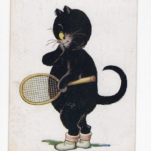 Vintage lucky black cat art postcard - cat playing tennis, tennis socks, novelty, comic, cartoon black cat, saucy puss