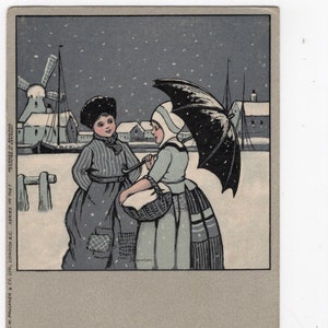 Postal navideña antigua de Ethel Parkinson - Niños holandeses, Delft azul, vacaciones de invierno, tarjeta de felicitación, Faulkner and Co, artista firmado