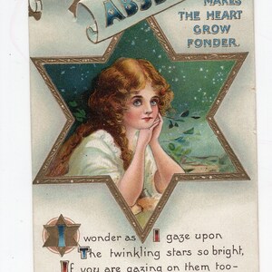 Carte postale ancienne de voeux glamour - l'absence rend le cœur plus affectueux, nostalgique, souhaitant à une étoile, étoile d'or, rêverie