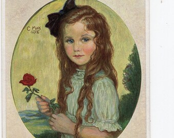 Postal de arte antigua Corneille Max, Im Rosengarten, niña bonita con una rosa, retrato infantil, artistas maestros alemanes, retratos