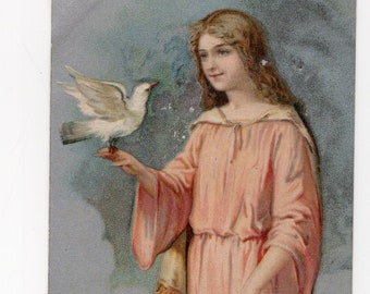Antieke paaskaart: mooi meisje met duif, Edwardiaans tijdperk
