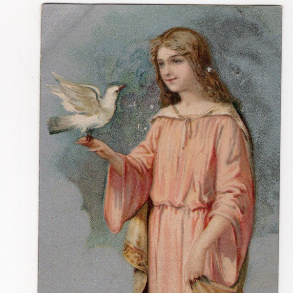 Antiques Charity Easter postcard, vintage, pretty girl with dove, freligious Edwardian picture postcard, silver frosted, Wildt & Kray