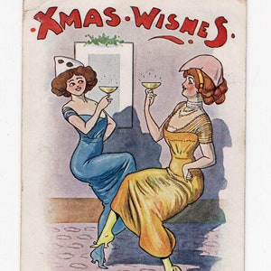 Cartão postal antigo de glamour das beldades de Natal - Cartão postal assinado pelo artista Donald McGill, beldades alegres, bebidas depois do trabalho, festa de Natal, gatinha glamourosa