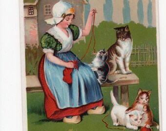 Antique Dutch girl and cats postcard - New Year greetings card, kittens, kitties, knitting, yarn, vintage Xmas clogs, pet portrait