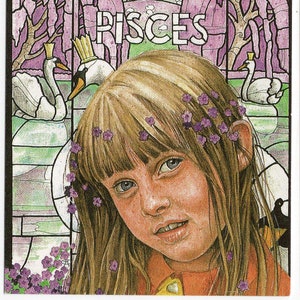 carte postale horoscope signe astrologique vintage - artiste Brian Partridge, Poissons, bouquetière, art des années 90, années 1990, anniversaire février mars