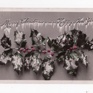 Carte postale photo de houx antique, vraie photo teintée, jolie couronne de houx, taille, carte de Noël vintage, guirlande de houx, décoration intérieure