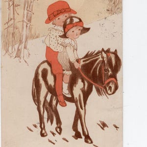 Ancienne carte postale d'art Hilda T Miller Liberty & Co Londres - enfants à cheval, poney, artiste signé, enfance, illustration, équitation
