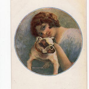 carte postale glamour vintage femme et bouledogue - signée par l'artiste Carlo Monestier, Art nouveau déco, bulldog britannique, vignette, italien, portrait d'animal de compagnie