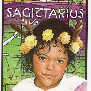 carte postale horoscope signe astrologique vintage - artiste Brian Partridge, Sagittaire, fille à la couronne de fleurs, art des années 90, années 1990, anniversaire de janvier