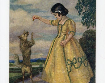 Antieke Corneille Max kunstbriefkaart, Ein Leckerbissen, klein meisje met bedelhond, kinderportret, kunstenaars van de Duitse Meesters, huisdierenportret