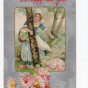 Ancienne carte postale du Nouvel An en argent dépoli, petite fille et marguerites roses, prairie, carte de voeux en relief, Wildt and Kray, chéri