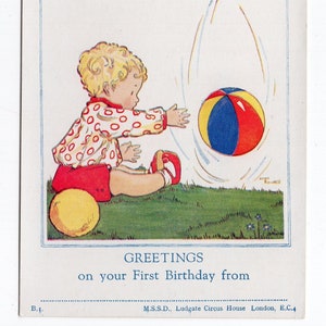 Antico biglietto vintage per il primo compleanno di un bambino, 1° compleanno, compleanno di bambini, piccolo ragazzo biondo, palla rimbalzante, biglietto di auguri