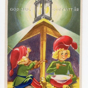 Cartão postal de Natal sueco escandinavo vintage - Herbert assinado pelo artista, duendes, elfos, noite de Natal, árvore de Natal, deus jul, oficina do Papai Noel
