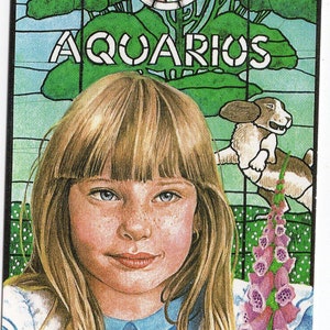 Cartolina d'epoca con oroscopo del segno zodiacale - Artista Brian Partridge, Acquario, ragazza bionda, arte anni '90, anni '90, compleanno di gennaio febbraio