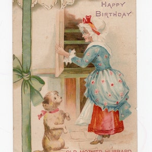 Antike Kinderreimpostkarte - Old Mother Hubbard, bettelnder Hund, vintage Geburtstagskarte, shabby chic, past times, Misch & Stock