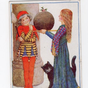 Antica cartolina per bambini e gatto nero di Millicent Sowerby, budino di fichi, budino di prugne, illustrazione dell'infanzia, arte, Humphrey Milford, rima