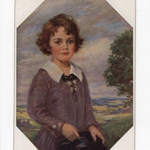 May include: A painting of a young person wearing a purple dress with a white collar and a black bow. The person is holding a black hat in their hands. The background is a landscape with a tree and a cloudy sky. The painting is titled "Der Kavalier" and signed "C. Max 1916."