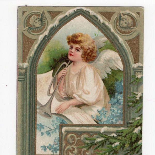 Antique cherub angel picture postcard, Joyeux Noel, vintage Christmas card, angelic, shabby chic, vignette, snow scene, church, fir branches