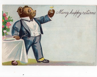Antique anthropomorphic teddy bear postcard, bear waiter, animal picture, hospitality, front of house, maitre'd restaurant owner gift, card