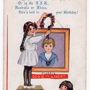 Antique birthday friendship postcard, gone travelling, gap year birthday, little boy and girl, Isabel Hudson illustration, love, couple