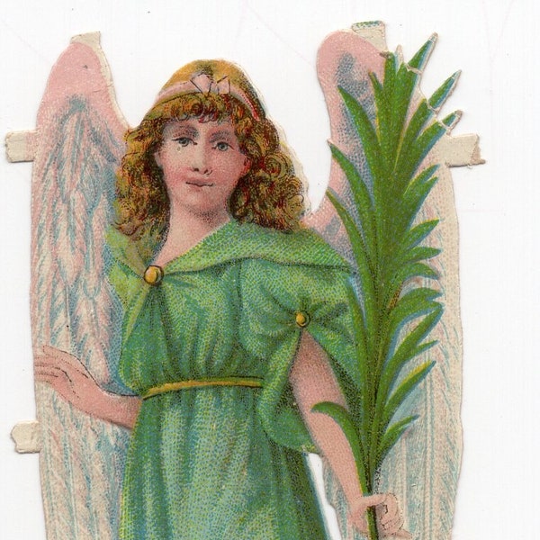 Beautiful Victorian green angel paper scrap, angel feather wings, palm leaf, Christmas, scrapbooking, paper ephemera, glamour
