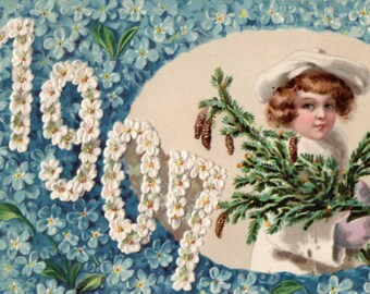 Antique Embossed New Year Postcard: Edwardian Era, Boy and Fir Boughs